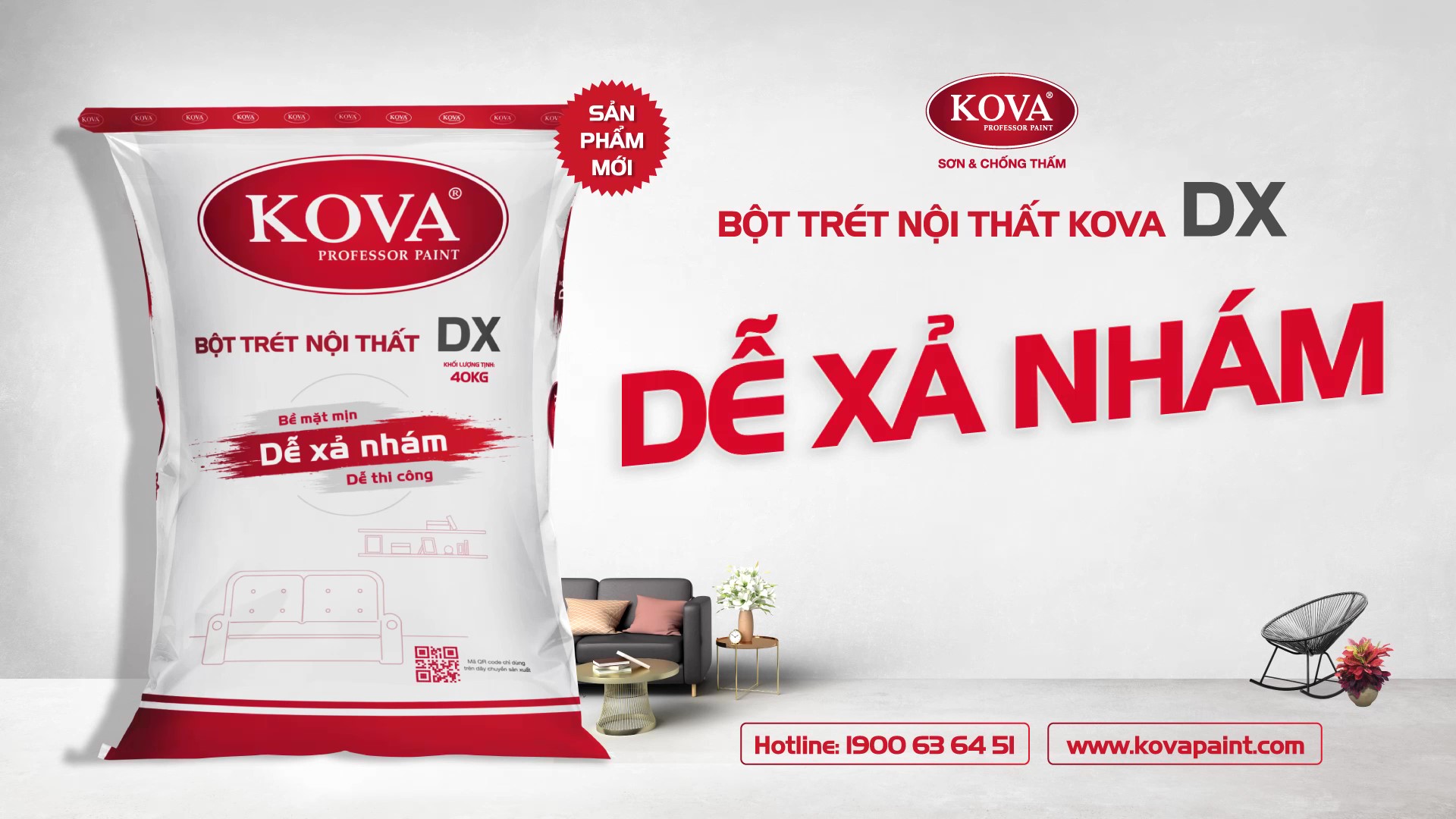 BỘT TRÉT NỘI THẤT KOVA DX - DỄ XẢ NHÁM, CƯỜNG ĐỘ BÁM DÍNH CAO